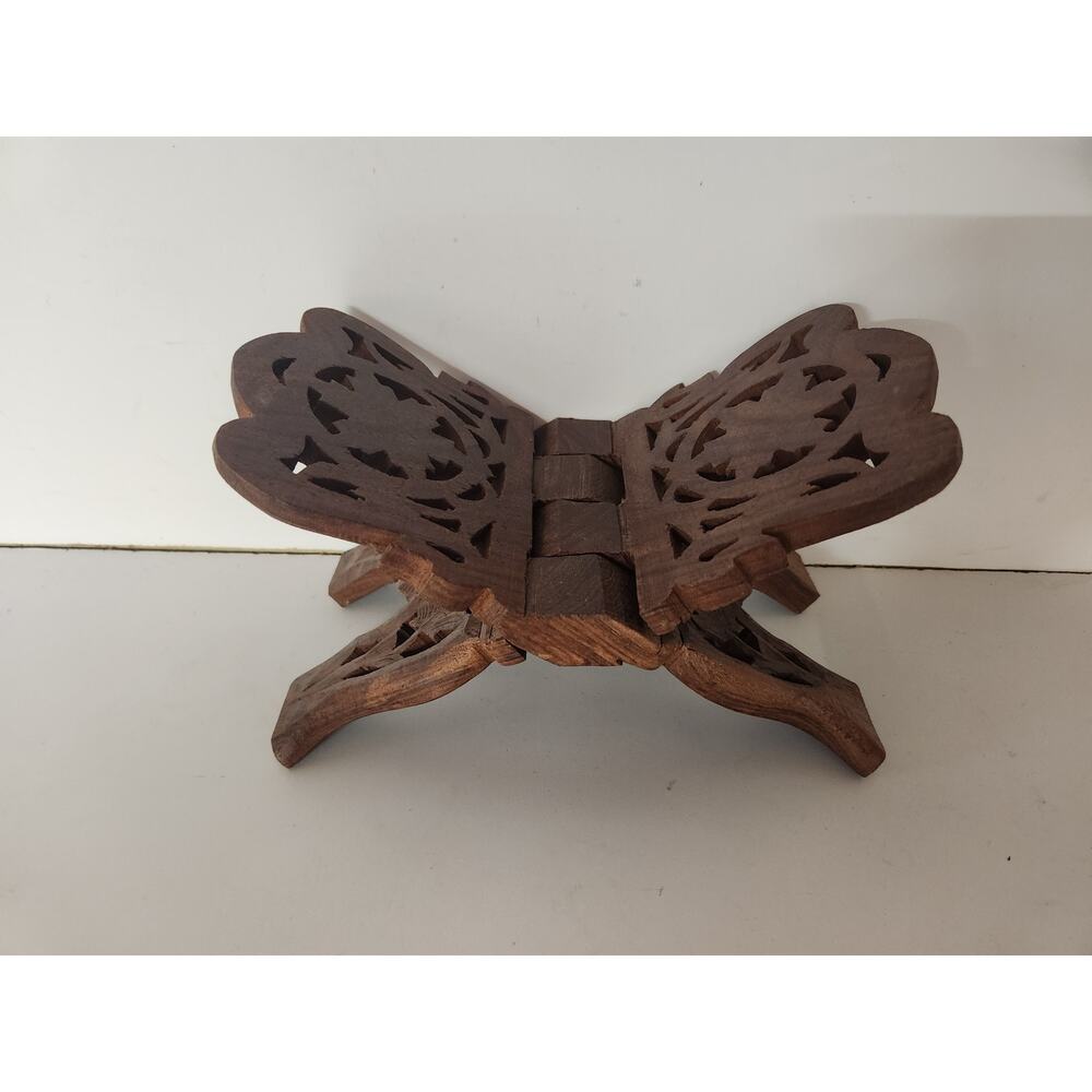 Hand Carved Wooden Folding Cookbook  Stand Rehal Floral Leaf Design 5" W India